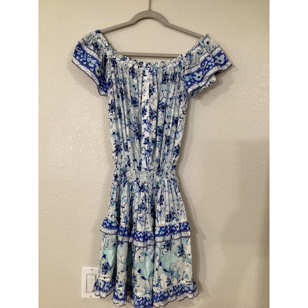 TAJ by Sabrina Crippa Blue Floral Boho Tiered Mini Dress S - Picture 2 of 9
